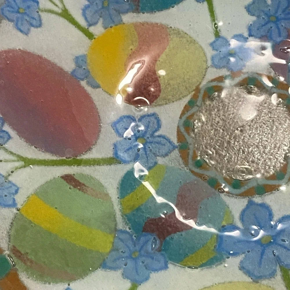 Peggy Karr Easter Egg Fused Art Glass Bowl Colorful Eater Eggs Blue Pink Green